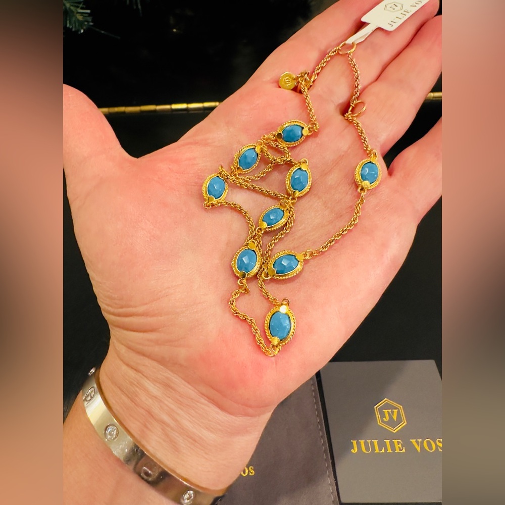 NWT authentic luxury RARE Julie Vos Gold Necklace with Turquoise Stones - Picture 14 of 16